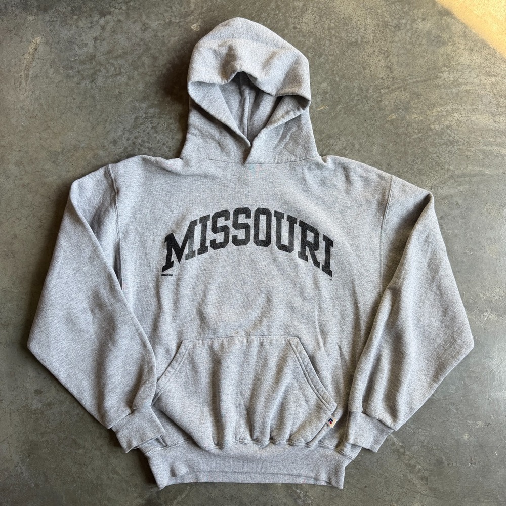 Vintage University of Missouri Mizzou Tigers Spellout Hooded Sweatshirt Gray M